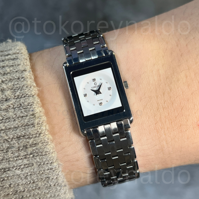 JAM TANGAN VINTAGE CONCORD DELIRIUM 14 C1 669 ULTRA-THIN SMALL RECTANGLE SS WHITE DIAL DIAMOND INDEX (LX2056)