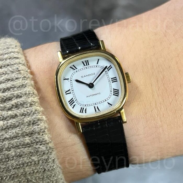 JAM TANGAN VINTAGE 1980’S SANDOZ 0161D-12 CUSHION G0LD PLATED WHITE DIAL ROMAN INDEX  LX2051