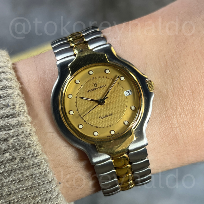 JAM TANGAN VINTAGE UNIVERSAL GENEVE POLEROUTER 677.085 TWO TONE 18K ELECTROPLATED G0LD TEXTURED DIAL DOT INDEX (LX2031)