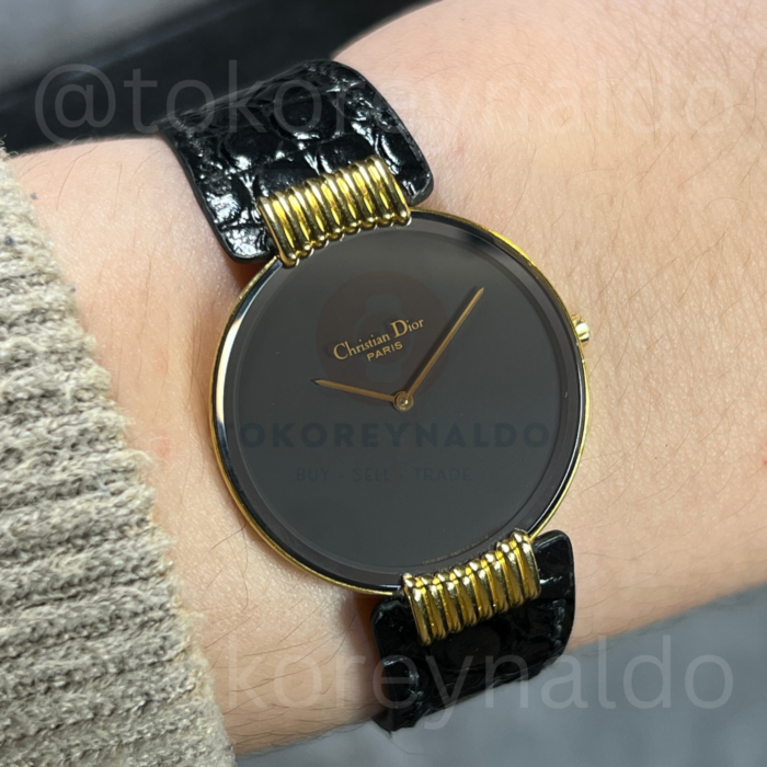 JAM TANGAN VINTAGE DIOR BAGHEERA 153-2 “BLACK MOON” ROUND G0LD PLATED BLACK DIAL (LX2132)