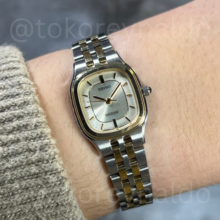 JAM TANGAN VINTAGE 1980’S SEIKO EXCELINE 4J41-0AA0 CUSHION TWO TONE SILVER-IVORY DIAL (LX2027)