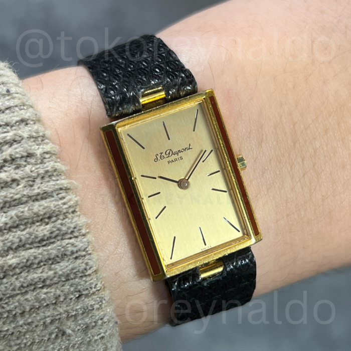 JAM TANGAN VINTAGE S.T DUPONT “LAQUE DE CHINE” RECTANGULAR G0LD PLATED CHAMPAGNE IDAL (LX2236)