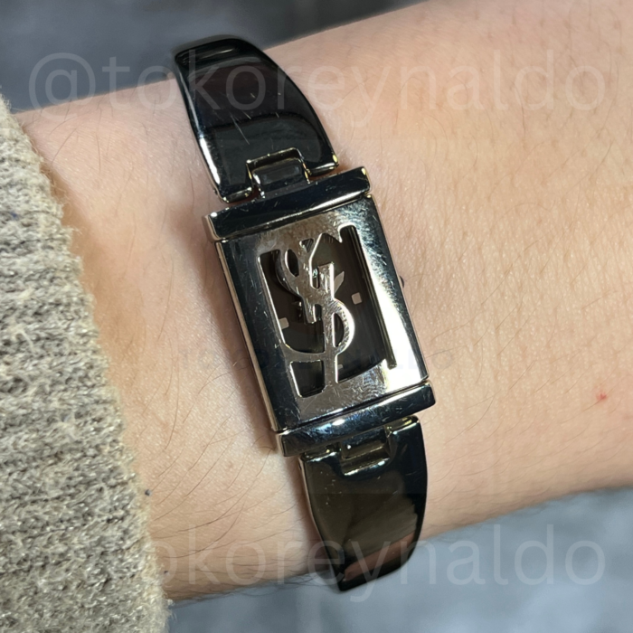 JAM TANGAN VINTAGE Y5L YVES SAINT LAURENT 40TH ANNIVERSARY BANGLE PEEK-A-BOO SS TONE BROWN DIAL (LX2144)