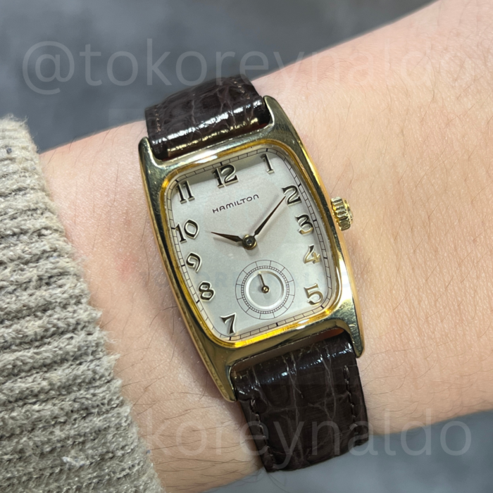 JAM TANGAN VINTAGE HAMILTON AMERICAN BOULTON 6186 “INDIANA JONES” TONNEAU G0LD PLATED SILVER WHITE DIAL ARABIC NUMERALS INDEX SUB-SECOND (LX2111)