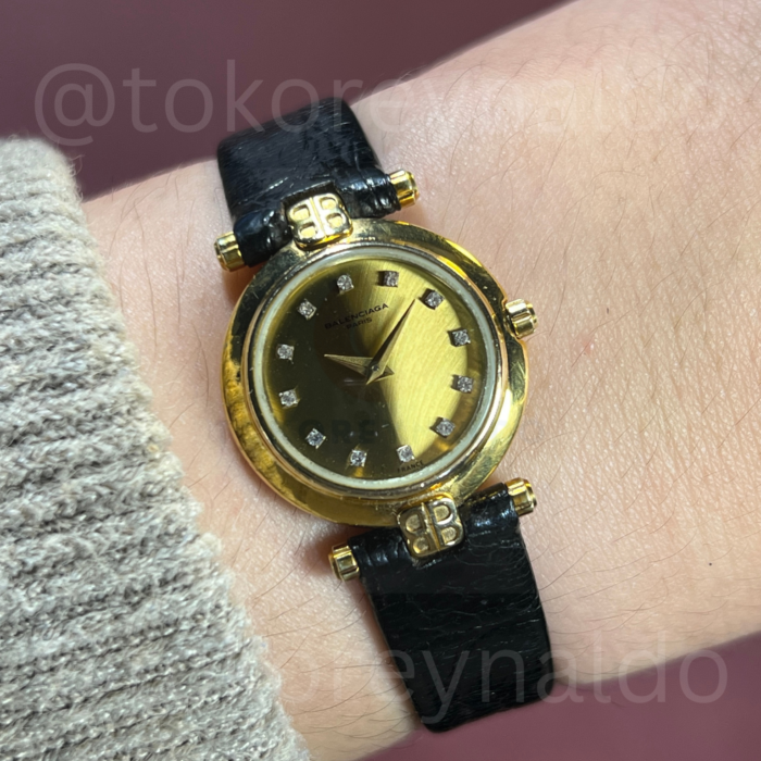 JAM TANGAN VINTAGE 1990's BALENCIAGA TG.88.2.08945 SMALL ROUND 18K ELECTROPLATED GOLD SUNBURST DIAL DIAMOND INDEX (LX2588)