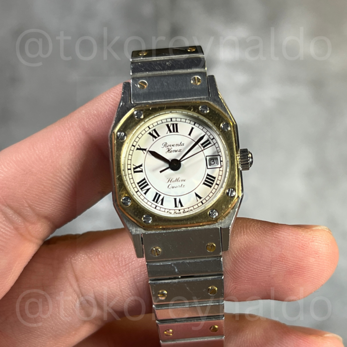 JAM TANGAN VINTAGE ROVENTA KENEX BMQ-7 “SANTOS” FLAT LINE QUARTZ HEXAGON TWO TONE WHITE DIAL ROMAN INDEX (LX1989)