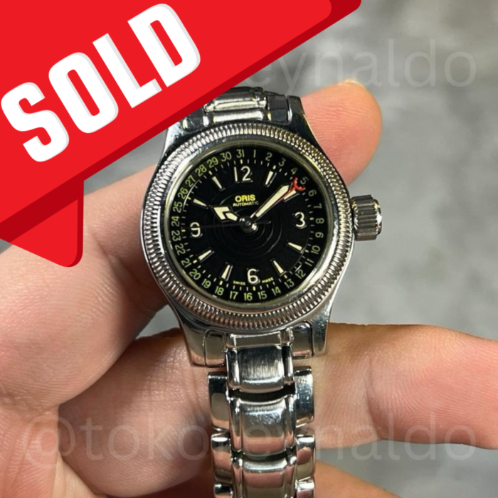 JAM TANGAN VINTAGE ORIS 7492 BIG CROWN POINTER DATE SMALL ROUND BLACK TEXTURED DIAL NEON DATE (LX2044)