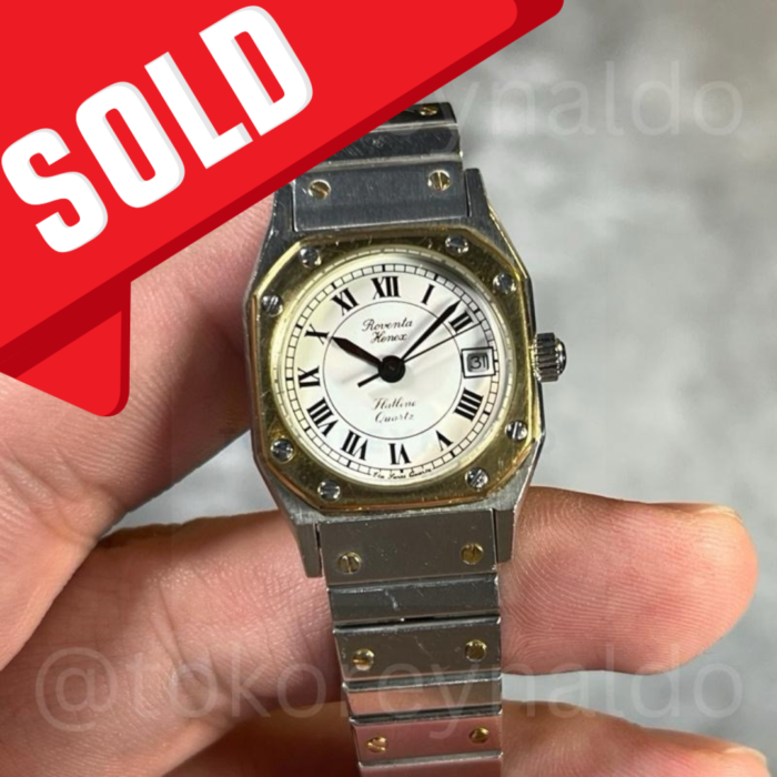 JAM TANGAN VINTAGE ROVENTA KENEX BMQ-7 “SANTOS” FLAT LINE QUARTZ HEXAGON TWO TONE WHITE DIAL ROMAN INDEX (LX1989)