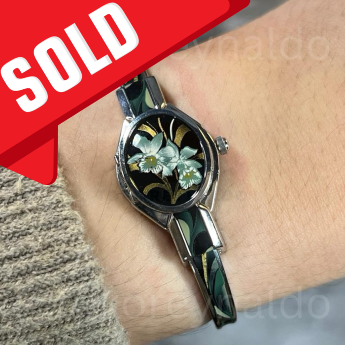 JAM TANGAN ANDRE MOUCHE ORCHIDEE BANGLE PEEK-A-BOO PDP BLACK AND GREEN ENAMEL FLORAL (LX1904)