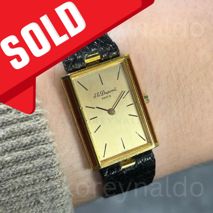 JAM TANGAN VINTAGE S.T DUPONT “LAQUE DE CHINE” RECTANGULAR G0LD PLATED CHAMPAGNE IDAL (LX2236)