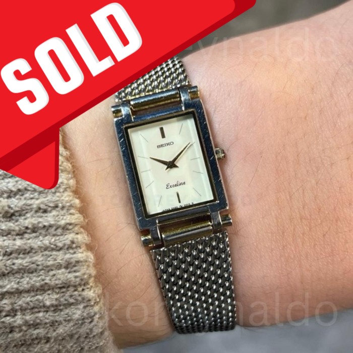 JAM TANGAN VINTAGE SEIKO EXCELINE 2N20-5000 TANK BRACELET TWO TONE IVORY DIAL SIMPLE INDEX (LX2011)