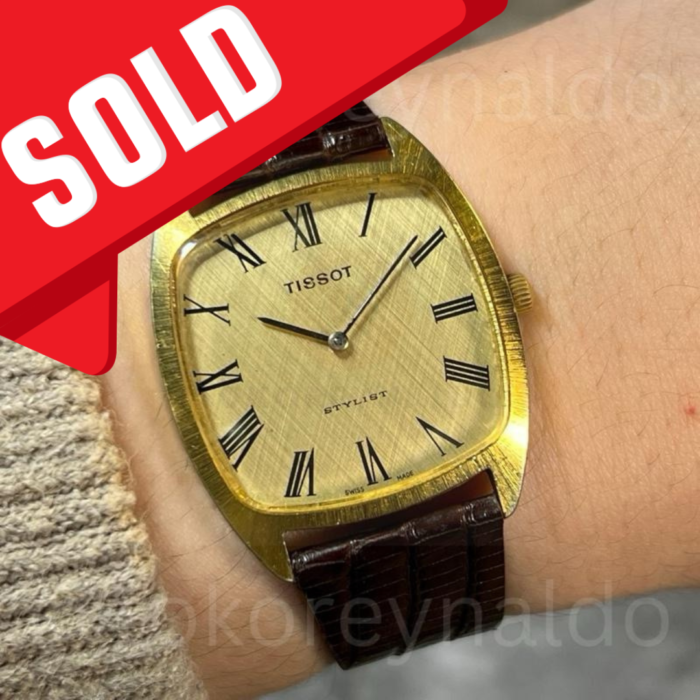 JAM TANGAN VINTAGE 1960’s/1970’s TISSOT STYLIST CUSHION GOLD PLATED GOLD TEXTURED LINEN DIAL ROMAN INDEX (LX1946)