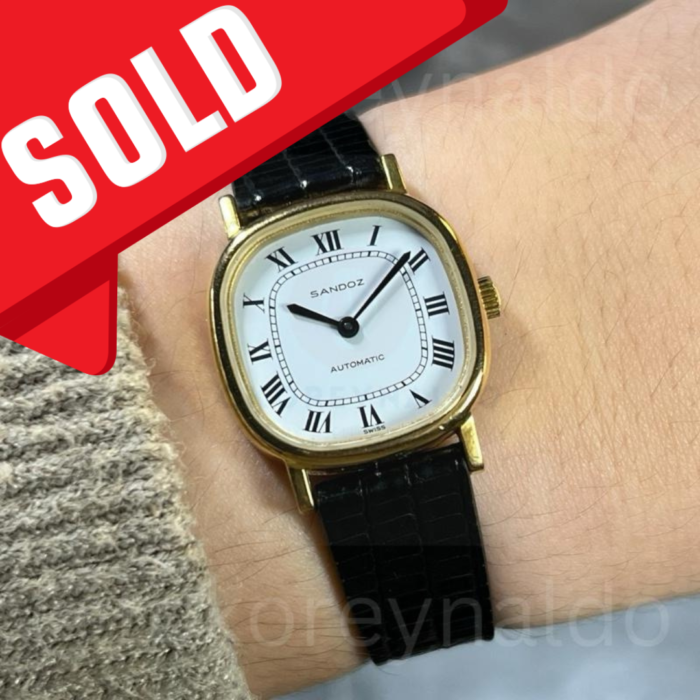 JAM TANGAN VINTAGE 1980’S SANDOZ 0161D-12 CUSHION G0LD PLATED WHITE DIAL ROMAN INDEX  LX2051