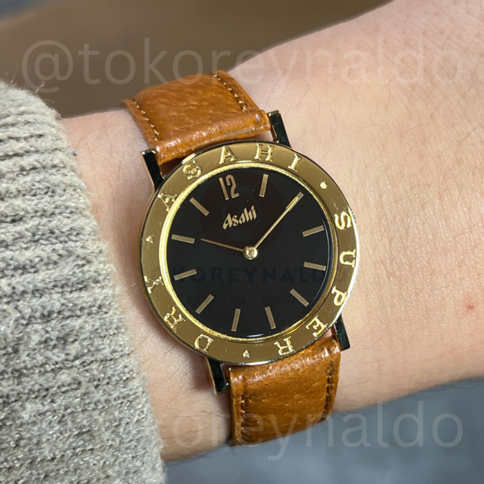 JAM TANGAN VINTAGE ASAHI 100th ANNIVERSARY MENS ROUND G0LD TONE BLACK DIAL (LX2284)