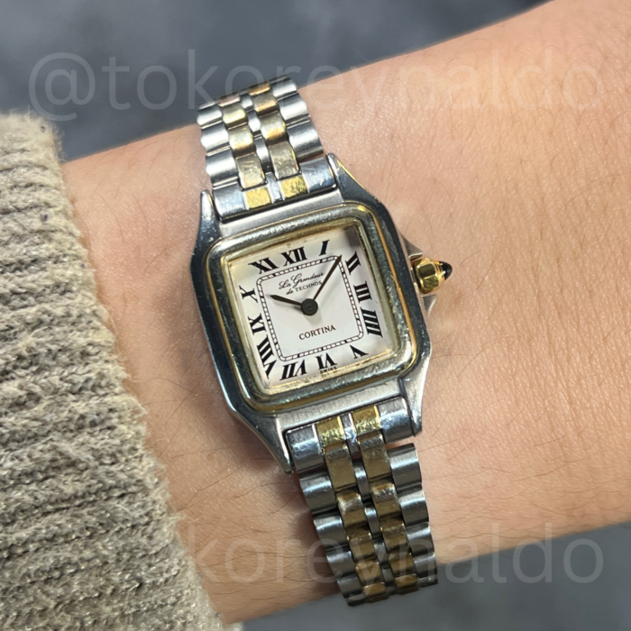 JAM TANGAN VINTAGE LE GRANDEUR DE TECHNOS 212080.51 "SANTOS" SQUARE TWO TONE WHITE DIAL ROMAN INDEX (LX2221)