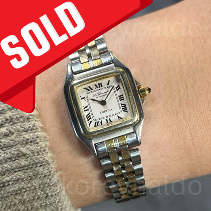 JAM TANGAN VINTAGE LE GRANDEUR DE TECHNOS 212080.51 "SANTOS" SQUARE TWO TONE WHITE DIAL ROMAN INDEX (LX2221)
