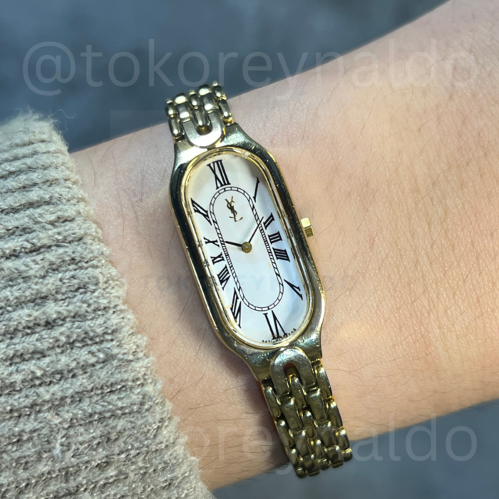JAM TANGAN VINTAGE YSL 5421-H08100 OVAL GOLD TONE WHITE DIAL ROMAN INDEX (LX2332)