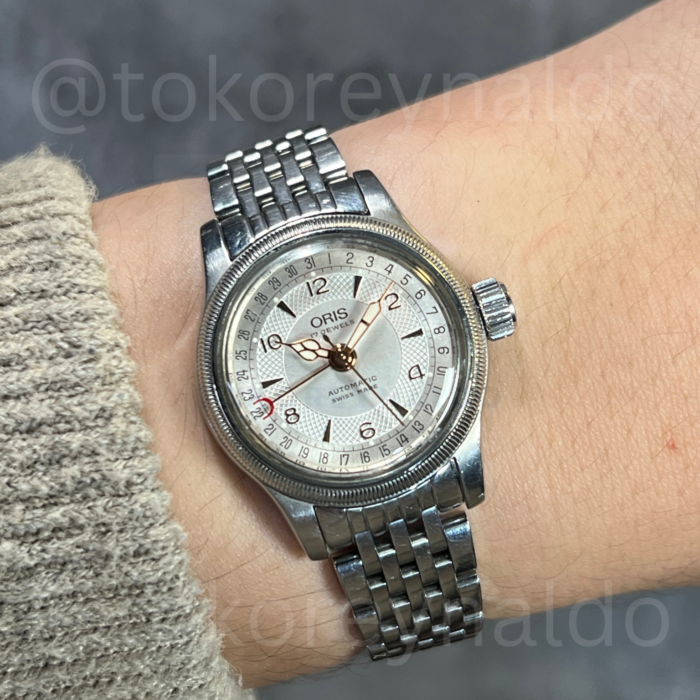 JAM TANGAN VINTAGE ORIS BIG CROWN POINTER DATE 7550 ROUND SS SILVER GUILLOCHE DIAL (LX2327)