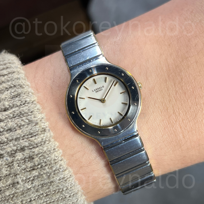 JAM TANGAN VINTAGE SEIKO LASSALE 1F20-0080 "GERALD GENTA INSPIRED" INTEGRATED BRACELET ROUND TWO TONE WHITE DIAL (LX2467)