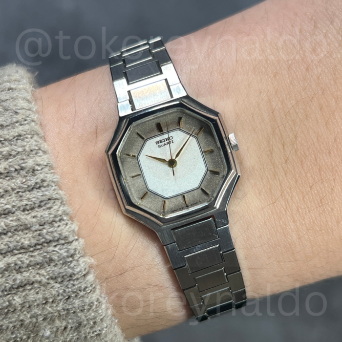 JAM TANGAN VINTAGE SEIKO STELLA 1221-5040 OCTAGONAL STAINLESS STEEL TWO TONE GREY TAN SHIMMERING DIAL (LX2449)