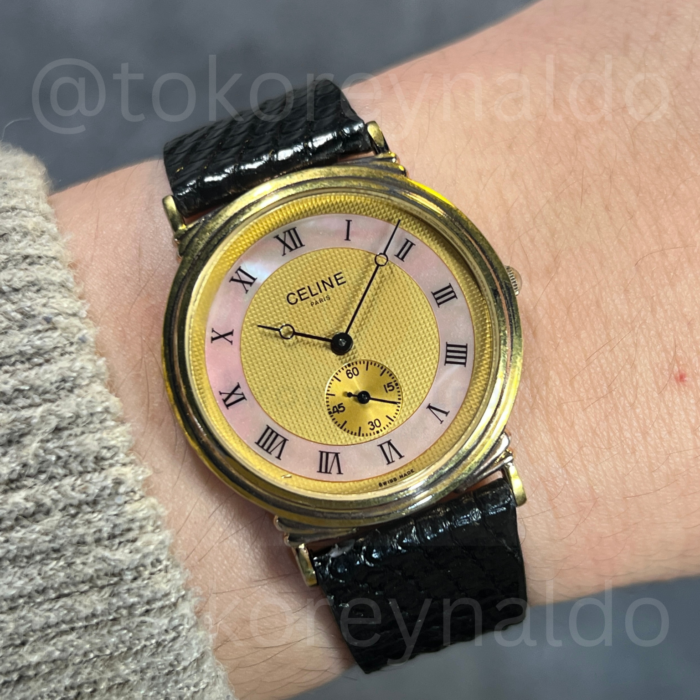 JAM TANGAN VINTAGE CELINE H2903-2159 ROUND GOLD TONE TWO TONE HOBNAIL MOP DIAL (LX2376)
