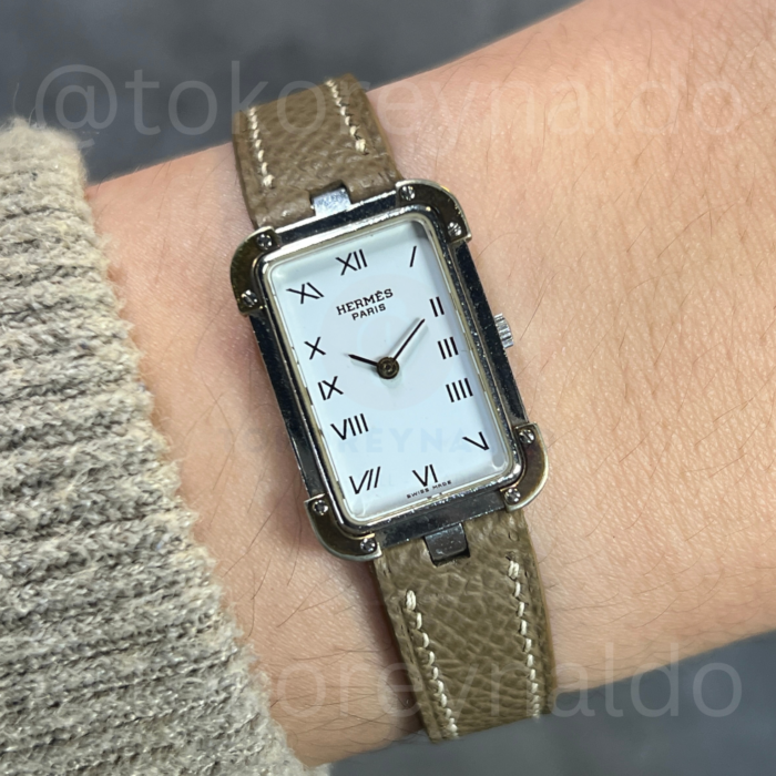 JAM TANGAN VINTAGE HERMES Croisière 47786 RECTANGULAR TWO TONE WHITE DIAL ROMAN INDEX (LX2270)