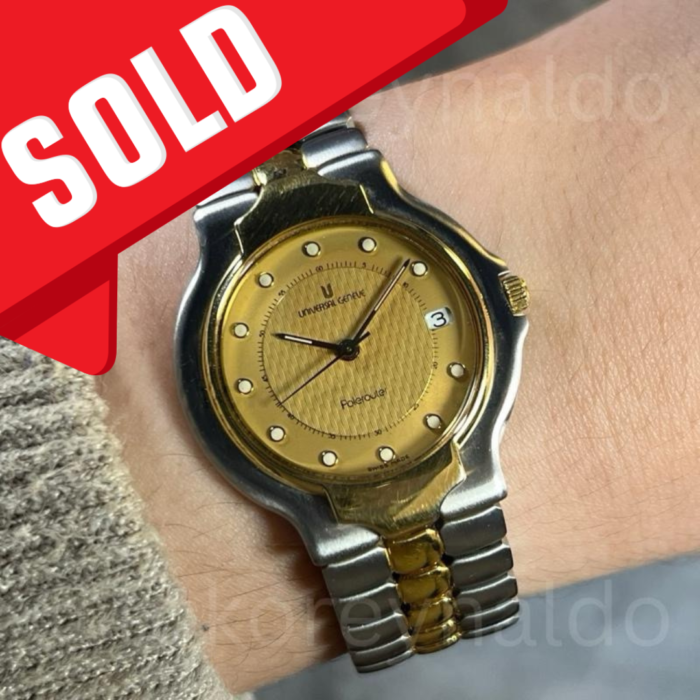 JAM TANGAN VINTAGE UNIVERSAL GENEVE POLEROUTER 677.085 TWO TONE 18K ELECTROPLATED G0LD TEXTURED DIAL DOT INDEX (LX2031)