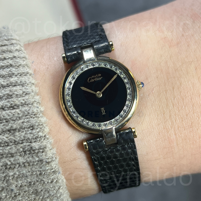 JAM TANGAN VINTAGE CARTIER Must De CARTIER Vendome ROUND VERMEIL 925 BEAUTIFUL BLACK SPIDER DIAL (LX2567)