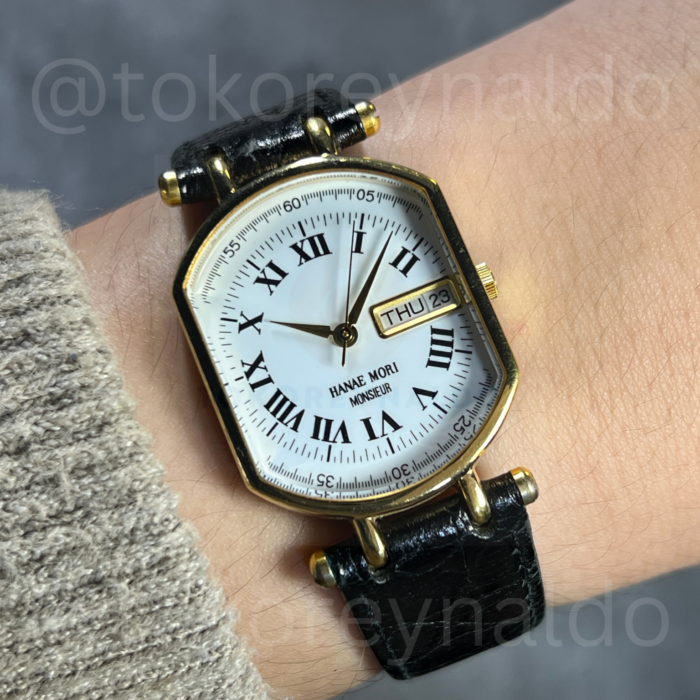 JAM TANGAN VINTAGE HANAE MORI MONSIEUR X FRANKLIN MINT HEXAGONAL GOLD PLATED WHITE DIAL ROMAN NUMERALS (LX2557)