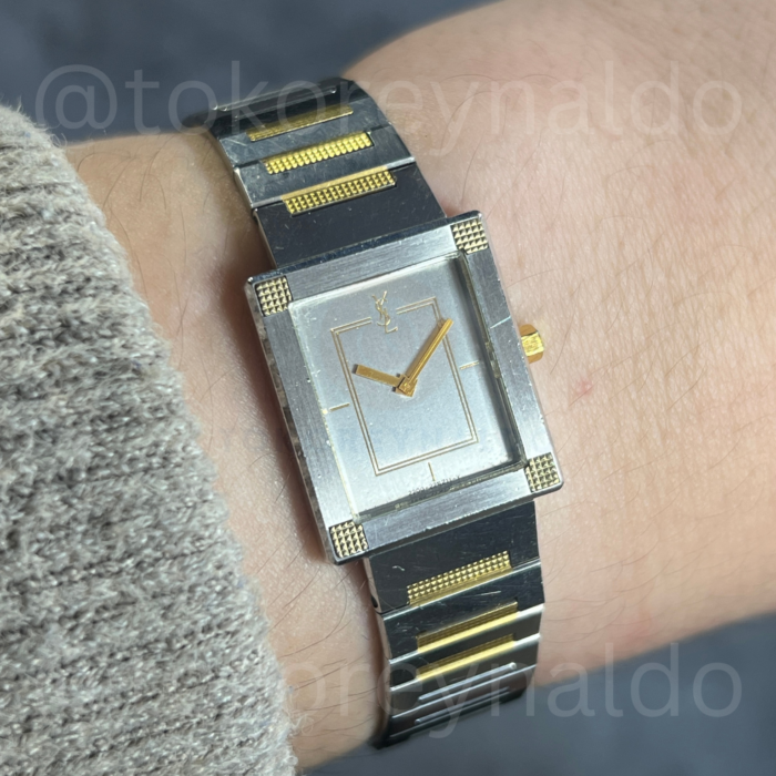 JAM TANGAN VINTAGE YSL 2200-223071 YO INTEGRATED BRACELET TANK TWO TONE SILVER DIAL (LX2486)