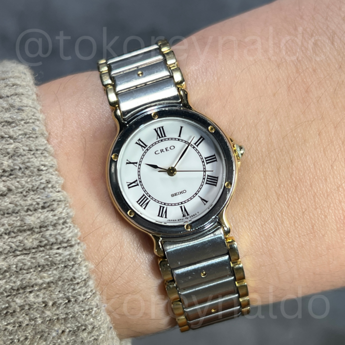JAM TANGAN VINTAGE SEIKO CREO 2P21-0160 ROUND TWO TONE WHITE DIAL ROMAN INDEX (LX2462)
