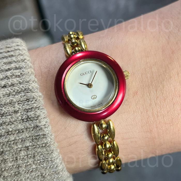 JAM TANGAN VINTAGE GUCCI 1100L CHANGABLE BEZEL ROUND GOLD PLATED WHITE DIAL (LX2575)