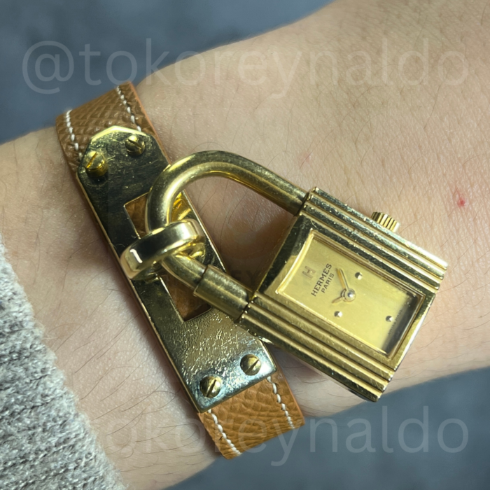 JAM TANGAN VINTAGE HERMES PADLOCK KELLY GOLD PLATED CHAMPAGN3 DIAL (LX2535)