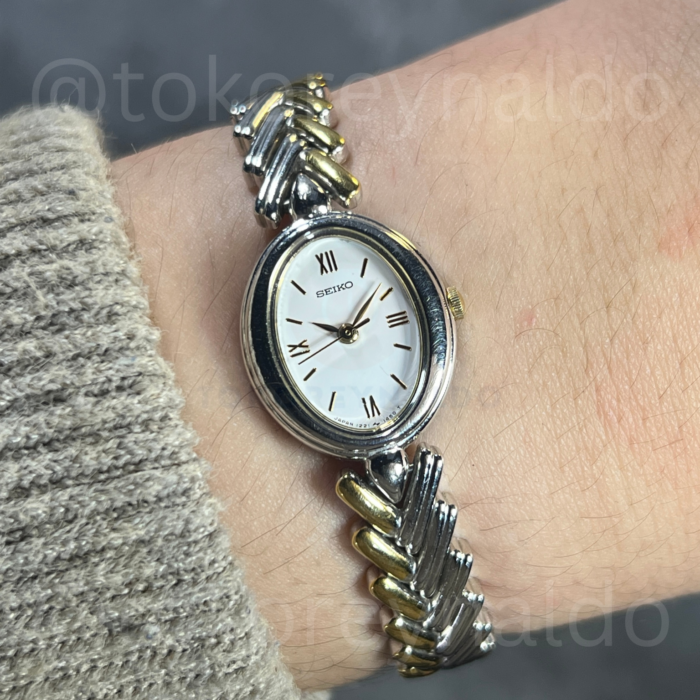 JAM TANGAN VINTAGE SEIKO 1221-5930 BRAIDED BRACELET TWO TONE WHITE DIAL ROMAN NUMERALS (LX2548)