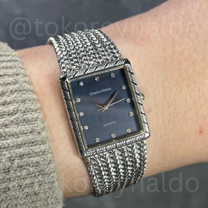 JAM TANGAN VINTAGE CHARLES VOGELE CV-7357 INTEGRATED BRACELET TANK PLATINUM PLATING BLUE NAVY DIAL DIAMOND INDEX (LX2501)